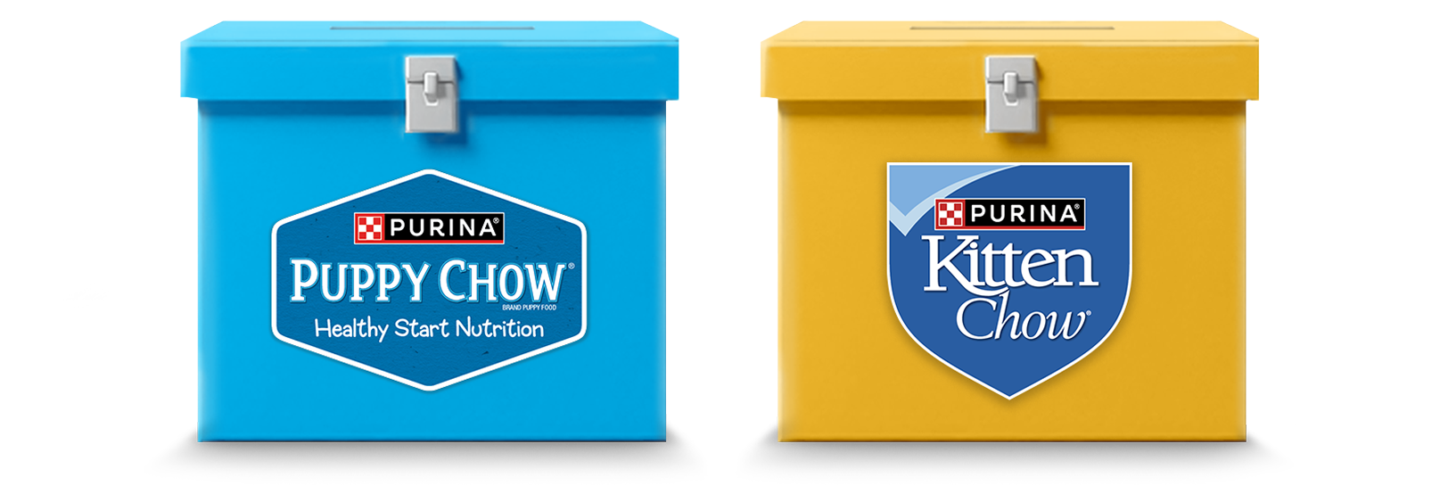 Purina Puppy Chow and Purina Kitten Chow ballot boxes representing the puppy and kitten divisions in the Chief Snuggle Officer contest.