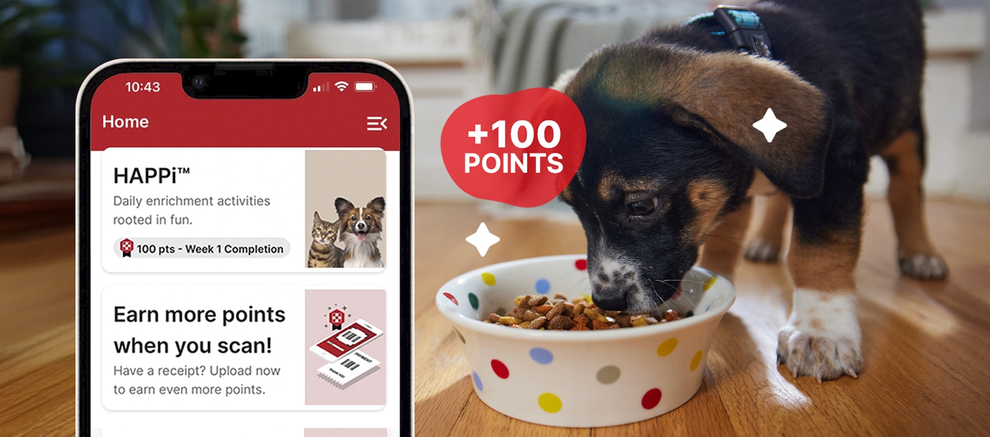 Puppy eating from a bowl beside the myPurina App showing HAPPi activities and a 100-point reward.