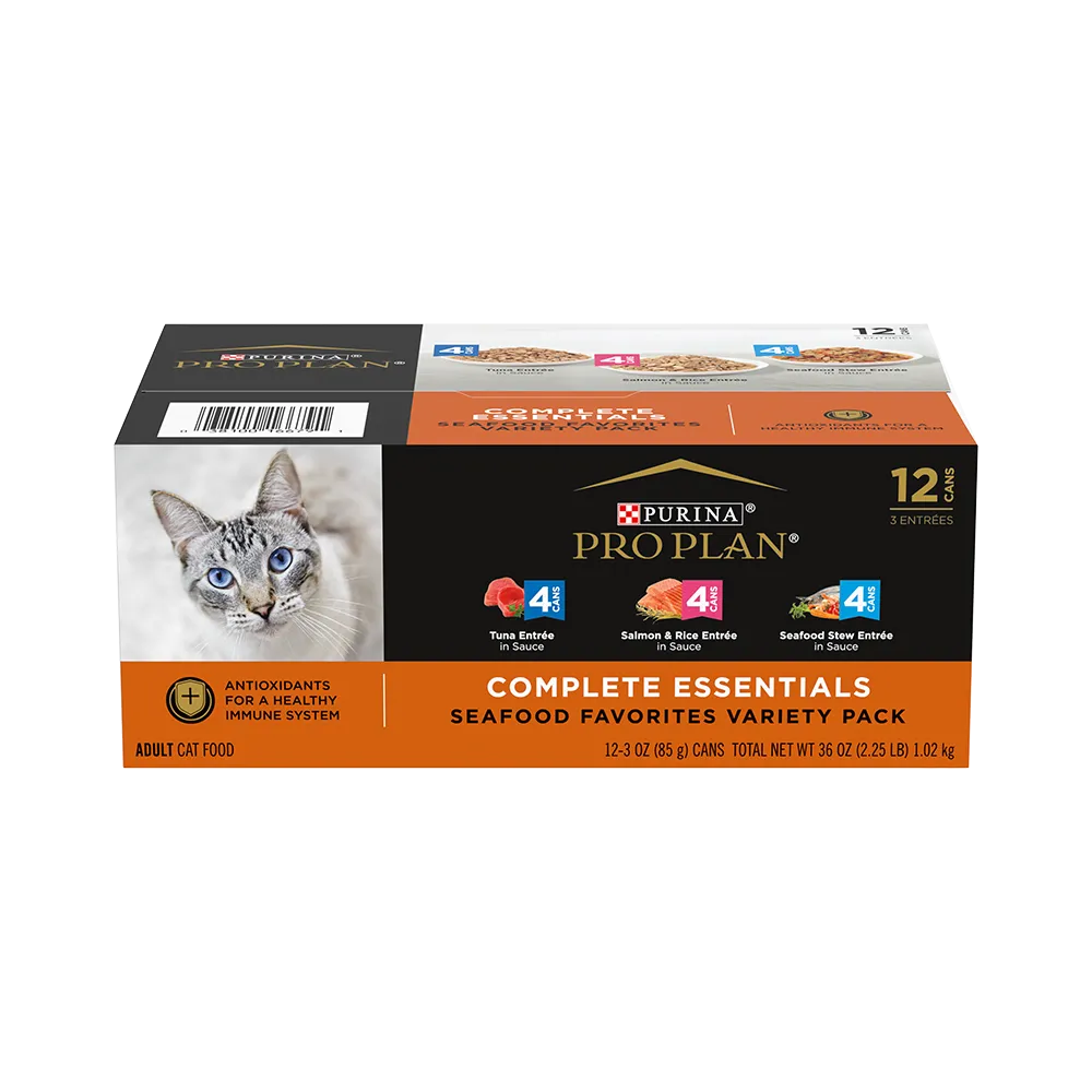 Pro Plan Complete Essentials Tuna Entrée, Salmon & Rice Entrée, and Seafood Stew Entrée Wet Cat Food In Sauce Variety Pack