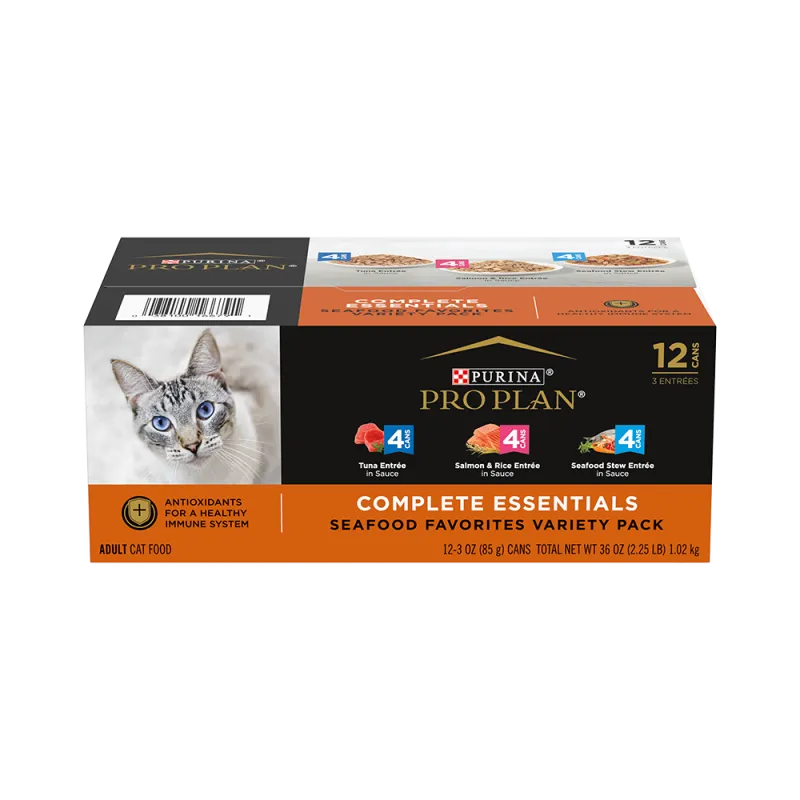 Pro Plan Complete Essentials Tuna Entrée, Salmon & Rice Entrée, and Seafood Stew Entrée Wet Cat Food In Sauce Variety Pack