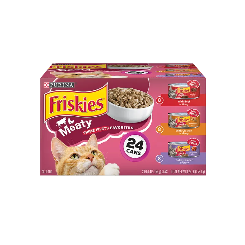 Paquete variado de 24 unidades de alimento húmedo para gatos Friskies Meaty Prime Filets Favorites