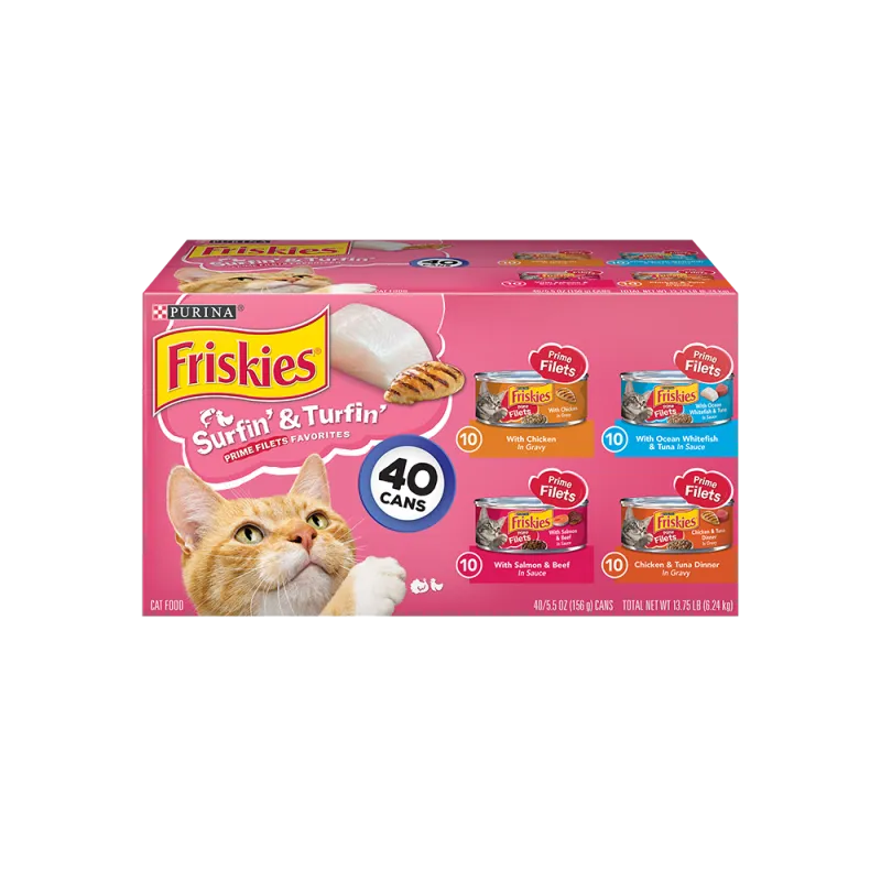 Paquete variado de 40 unidades de alimento húmedo para gatos de favoritos de filetes de primera Friskies Surfin' & Turfin'