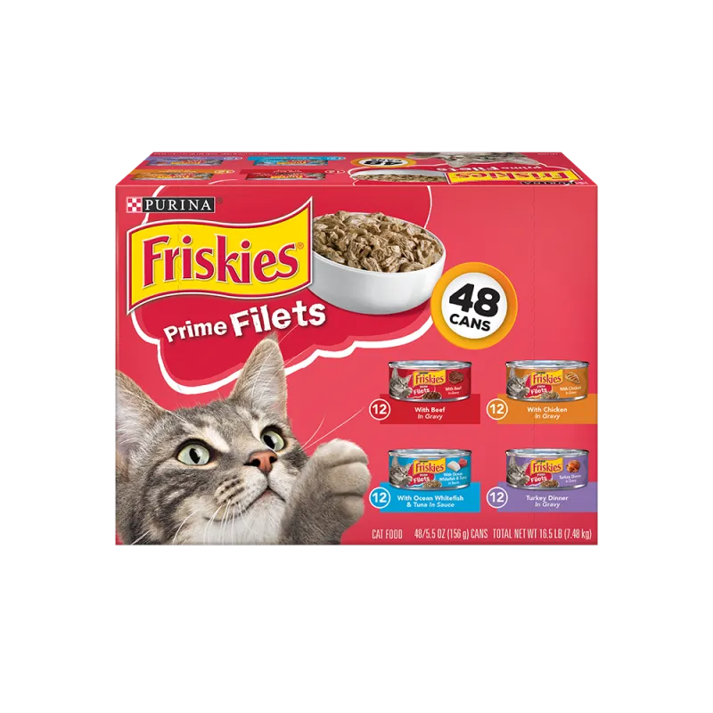 Paquete surtido de 48 unidades de alimento húmedo para gatos Friskies filetes de primera calidad