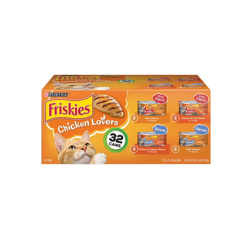 Paquete variado de 32 unidades de alimento húmedo para gatos Friskies amantes del pollo