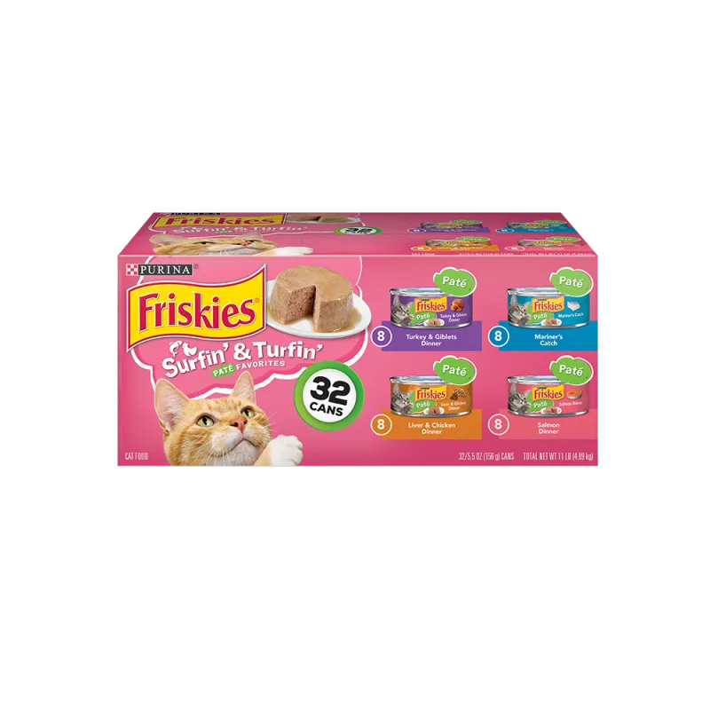 Paquete surtido de 32 unidades de alimento húmedo para gatos Friskies Surfin' & Turfin’ Favoritos de paté