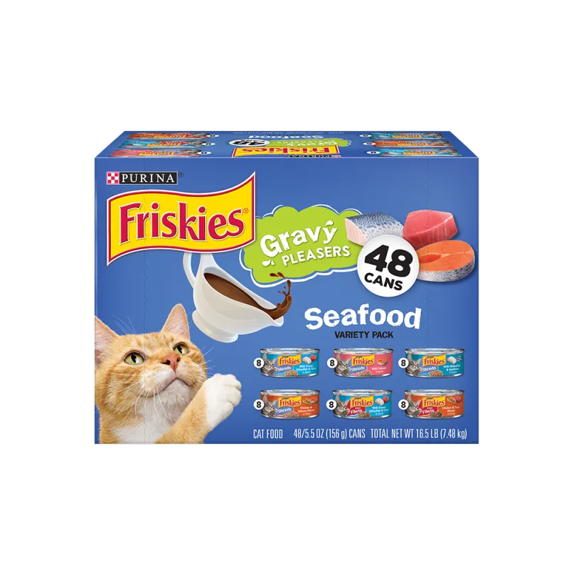 Paquete variado de 48 unidades de alimento húmedo para gatos Friskies Gravy Pleasers con sabor a mariscos