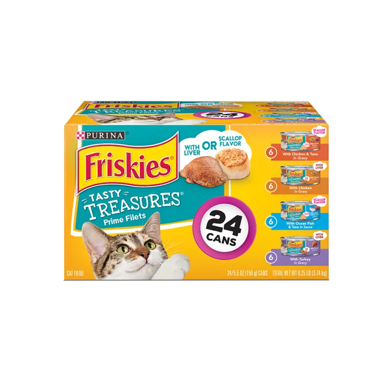 Paquete surtido de 24 unidades de alimento húmedo para gatos Friskies Tasty Treasures filetes de primera calidad