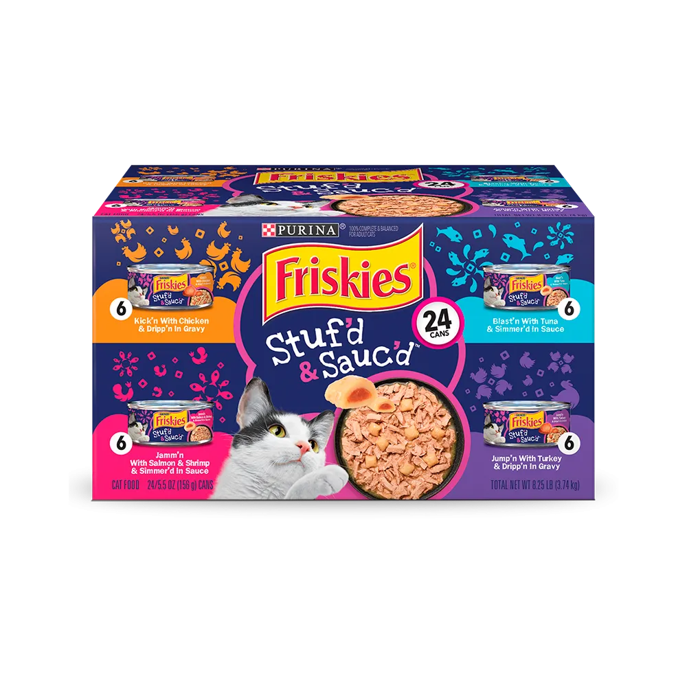 Complemento de alimento húmedo para gatos Friskies Stuf'd & Sauc'd en paquete variado de 24 unidades
