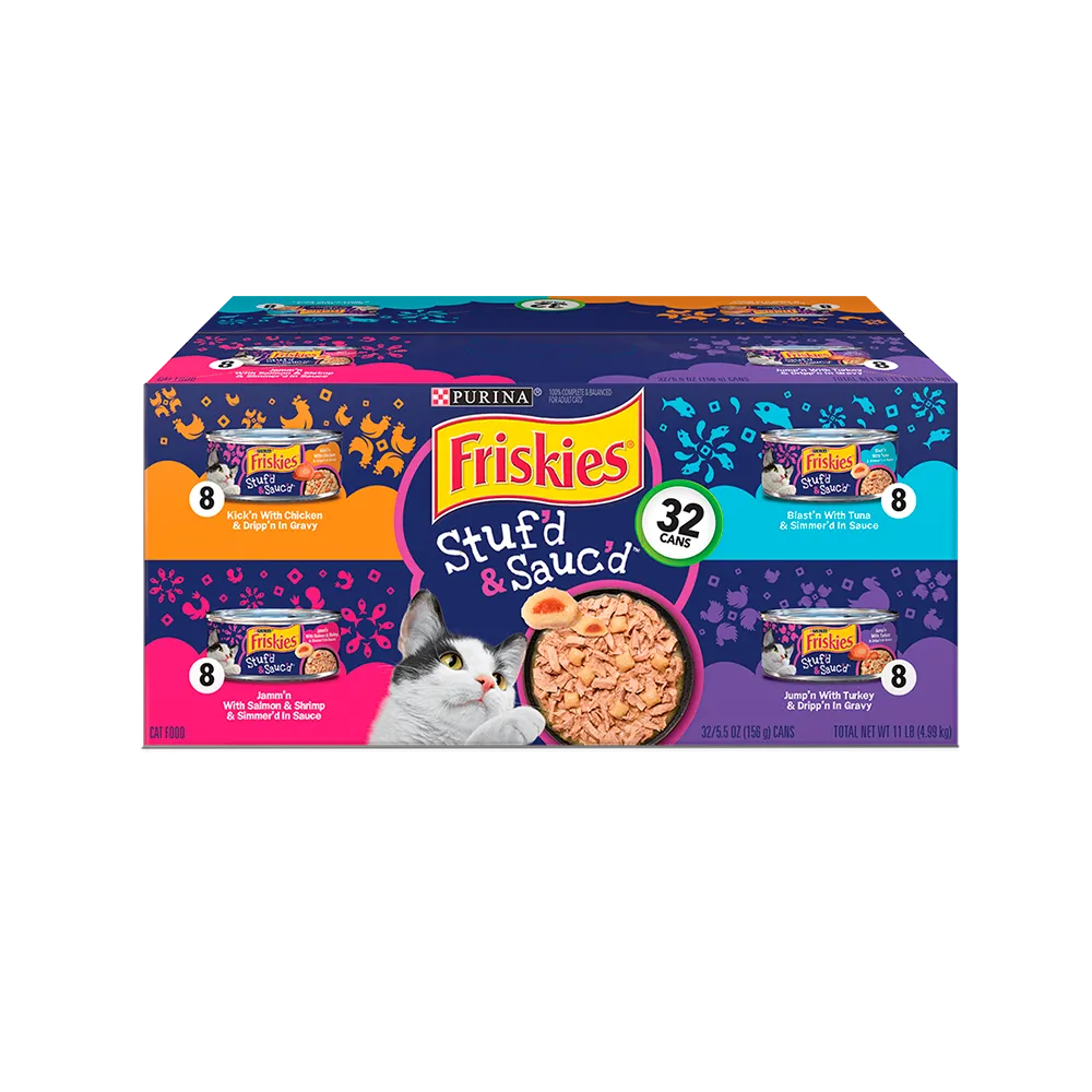 Complemento de alimento húmedo para gatos Friskies Stuf'd & Sauc'd en paquete variado de 32 unidades