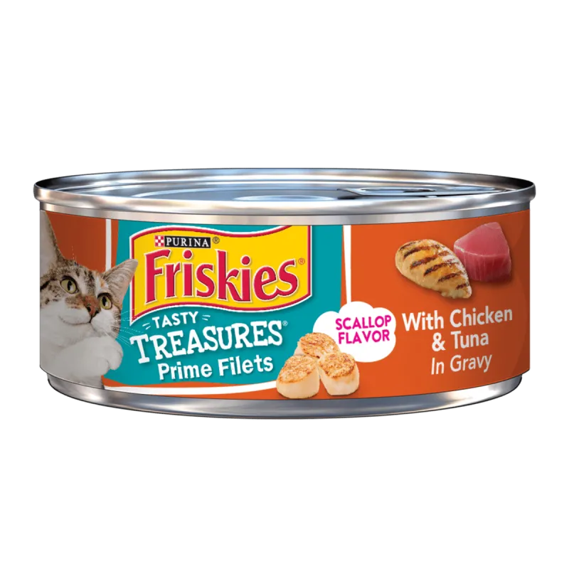 Alimento húmedo para gatos Friskies Tasty Treasures de filetes de primera con pollo y atún en salsa preparada con jugo de cocción