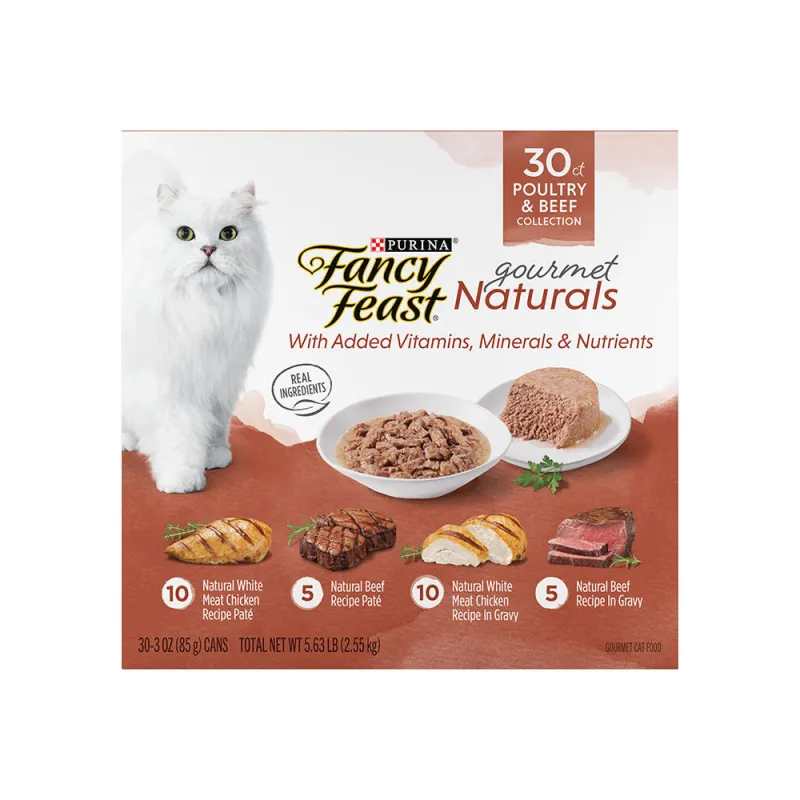 Paquete surtido de 30 latas de Fancy Feast Gourmet Naturals colección de carne de aves y res