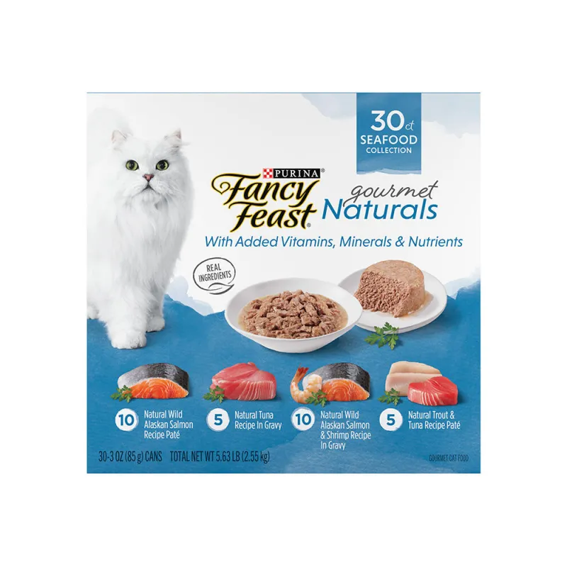 Paquete surtido de 30 latas de alimento húmedo para gatos Fancy Feast de la colección Gourmet Naturals de mariscos con vitaminas, minerales y nutrientes agregados