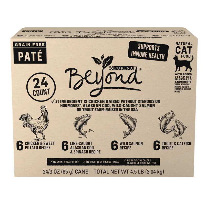 Paquete surtido de alimento húmedo para gatos Beyond sin cereales, paté de pollo, bacalao, salmón y trucha - 24 unidades