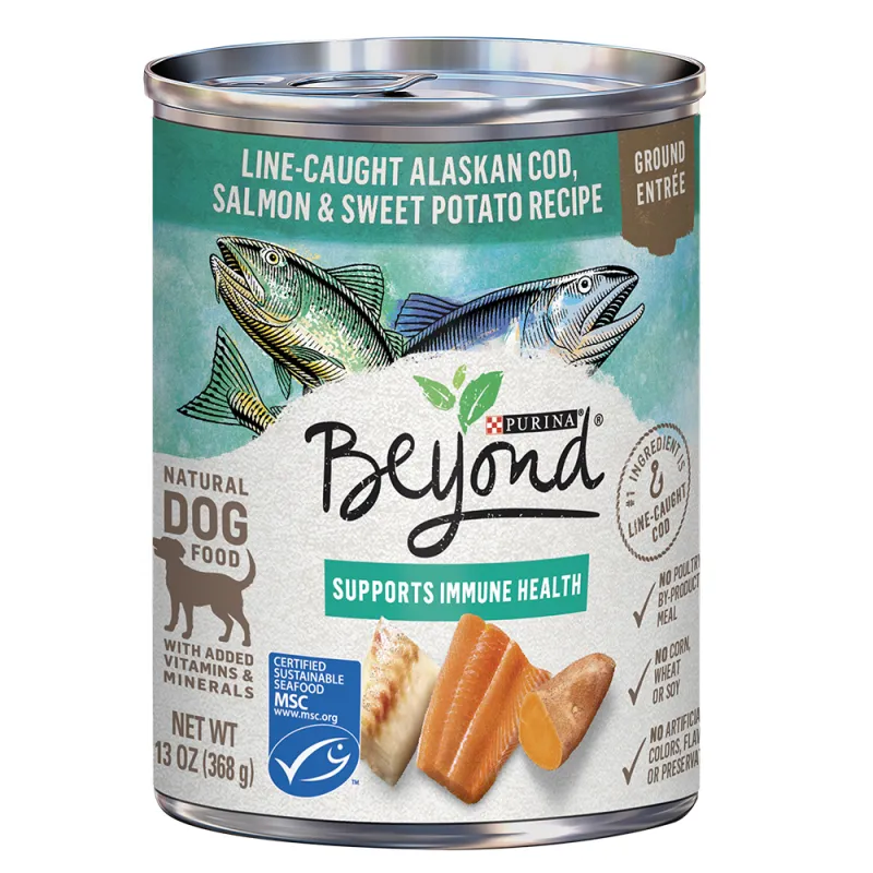 Alimento húmedo para perros Beyond, plato principal molido con receta de bacalao de Alaska pescado con anzuelo, salmón y batata