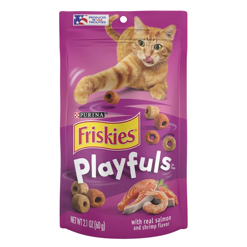 Bocadillos para gatos Friskies Playfuls con carne real de salmón y camarones