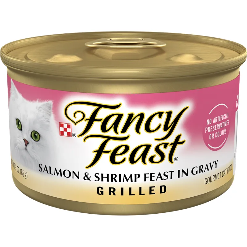 Alimento húmedo <i>gourmet</i> para gatos Fancy Feast de carne de salmón y camarón asada en salsa preparada con jugo de cocción