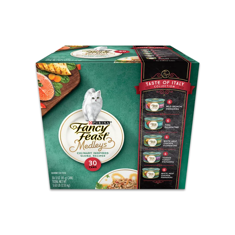 Paquete surtido de 30 latas de mix de alimento húmedo para gatos de la colección sabores de Italia Fancy Feast