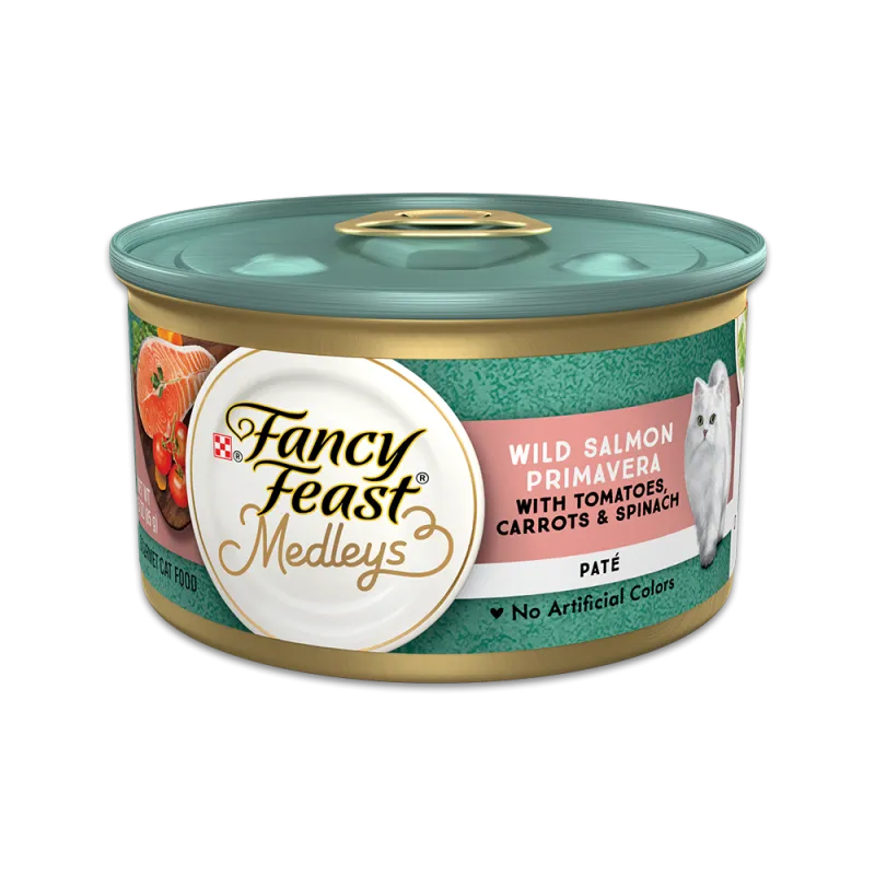 Paté primavera de salmón salvaje Fancy Feast Medleys con tomate, zanahoria y espinaca