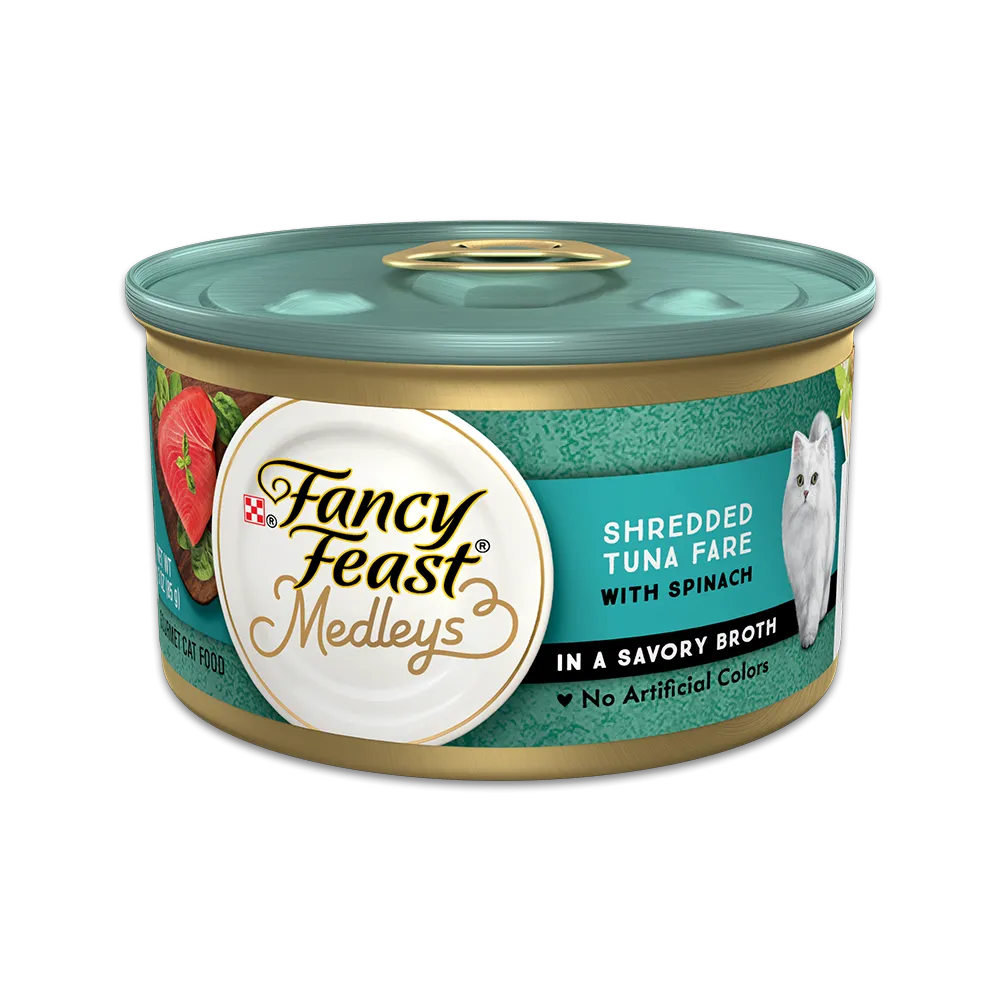 Alimento húmedo para gatos con atún en tiras y caldo sabroso de espinaca de Fancy Feast® Medleys