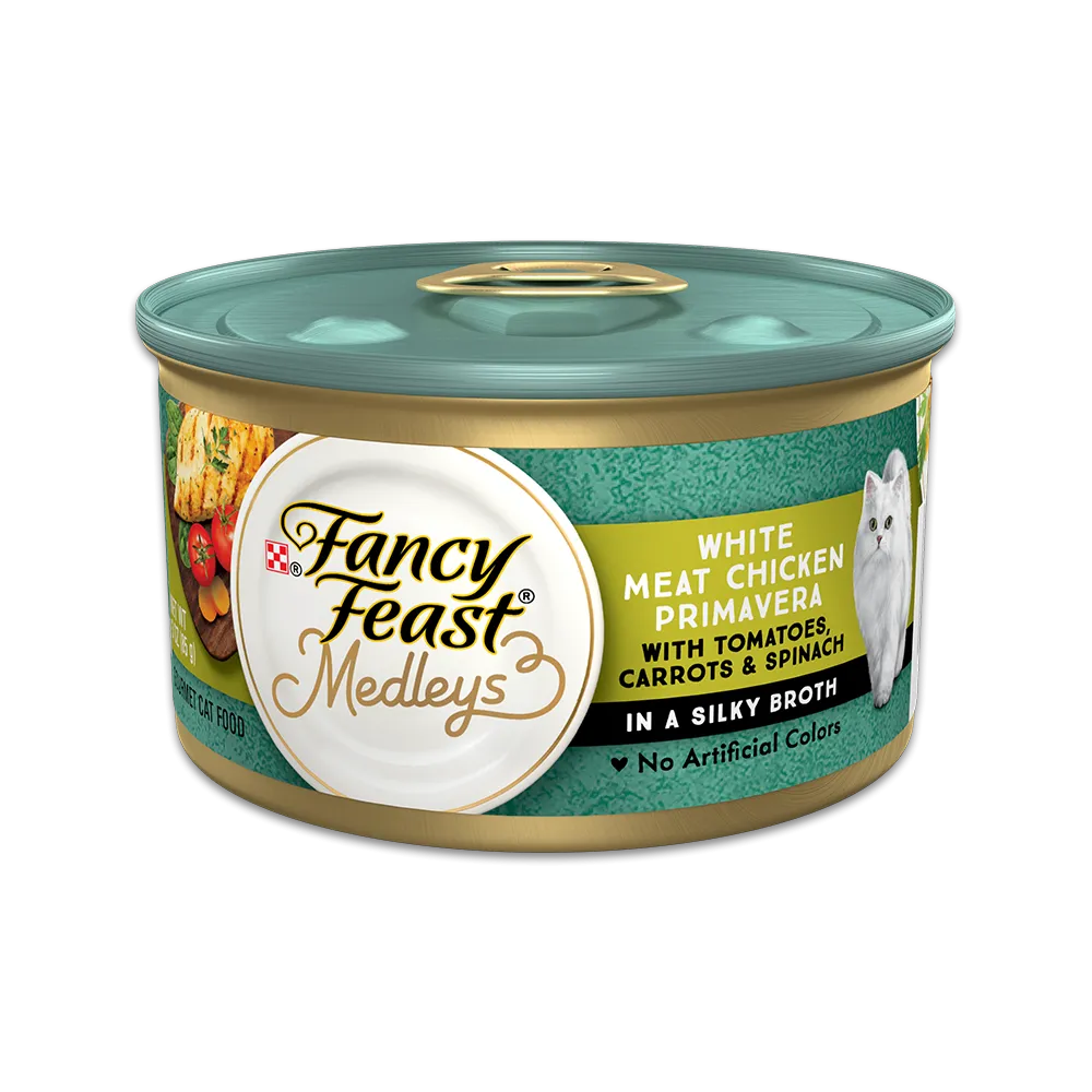 Fancy Feast® Medleys White Meat Chicken Primavera With Tomatoes, Carrots & Spinach in a Silky Broth