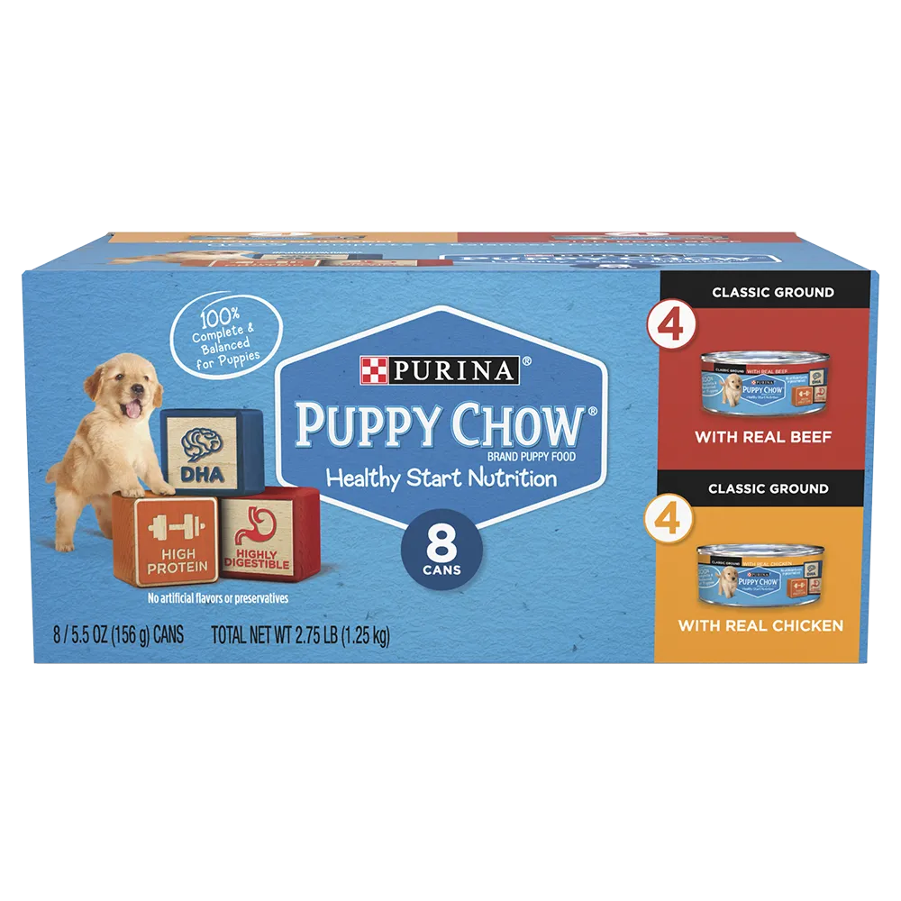 Puppy Chow Classic Ground Chicken & Beef Wet Puppy Dog Food 8-Count Variety Pack