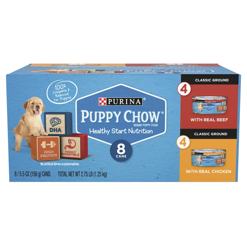 Puppy Chow Classic Ground Chicken & Beef Wet Puppy Dog Food 8-Count Variety Pack