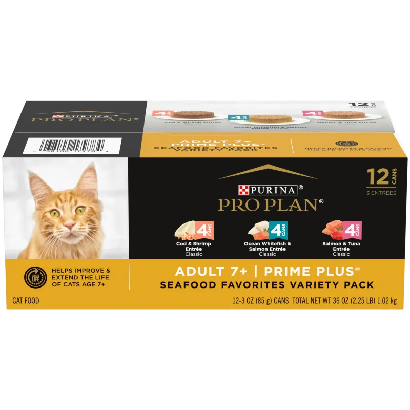 Pro Plan PRIME PLUS Ocean Whitefish & Salmon, Salmon & Tuna, Cod & Shrimp Wet Cat Food Variety Pack 