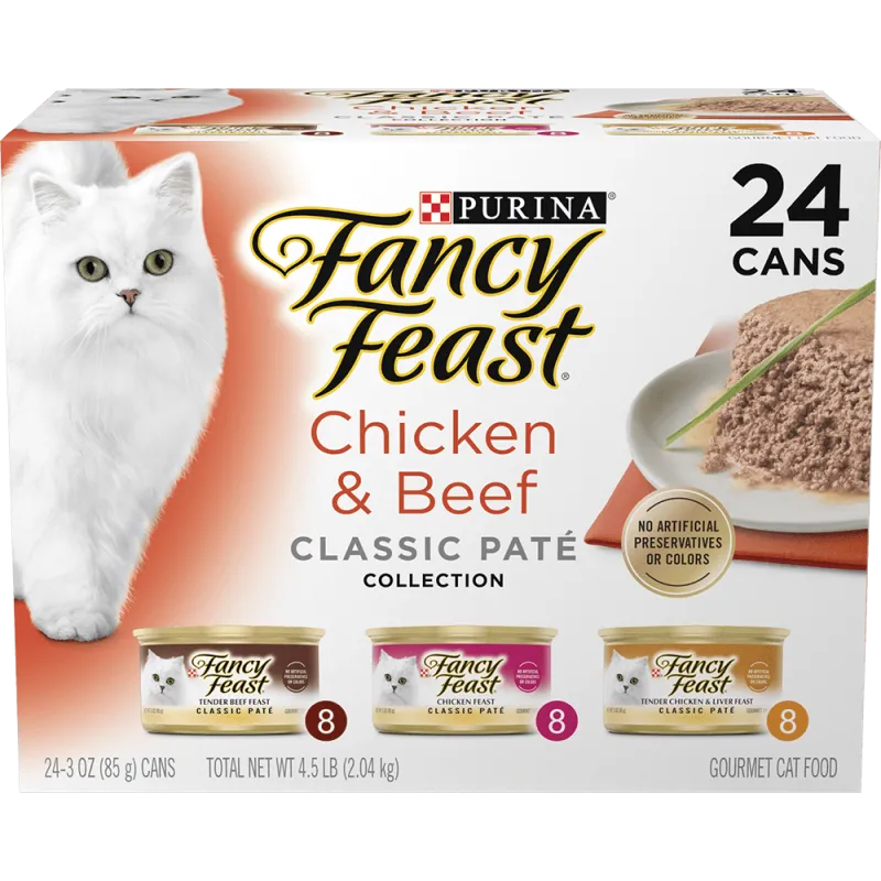 Paquete surtido de 24 latas de alimento húmedo para gatos Fancy Feast colección sabor a paté clásico de pollo y res