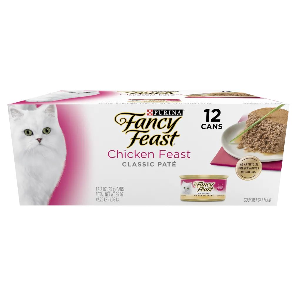 Paquete surtido de 12 latas de alimento húmedo para gatos Fancy Feast sabor a paté clásico de pollo