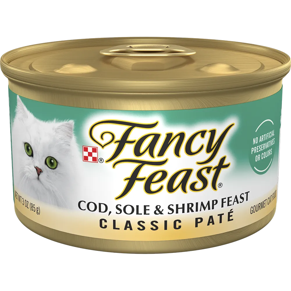 Alimento húmedo <i>gourmet</i> para gatos de paté de bacalao, lenguado y camarón clásico Fancy Feast