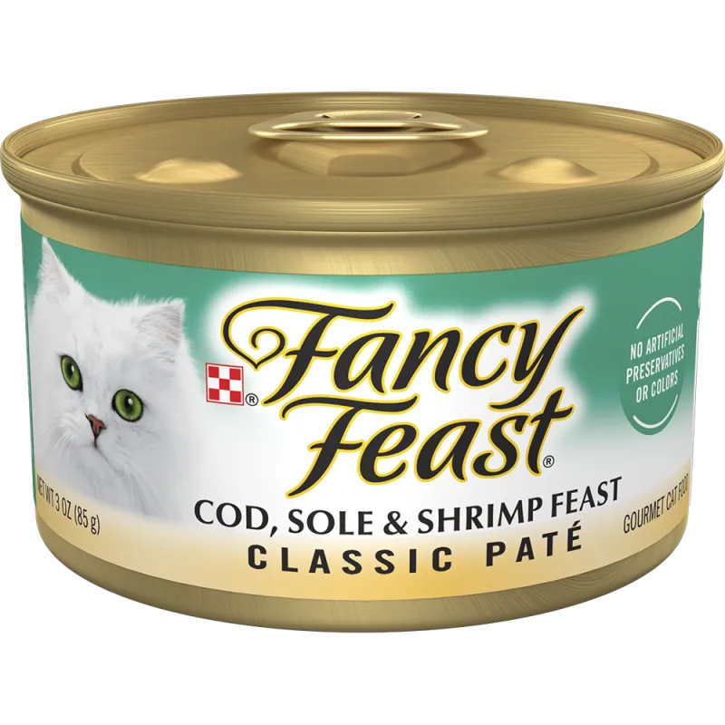 Alimento húmedo <i>gourmet</i> para gatos de paté de bacalao, lenguado y camarón clásico Fancy Feast