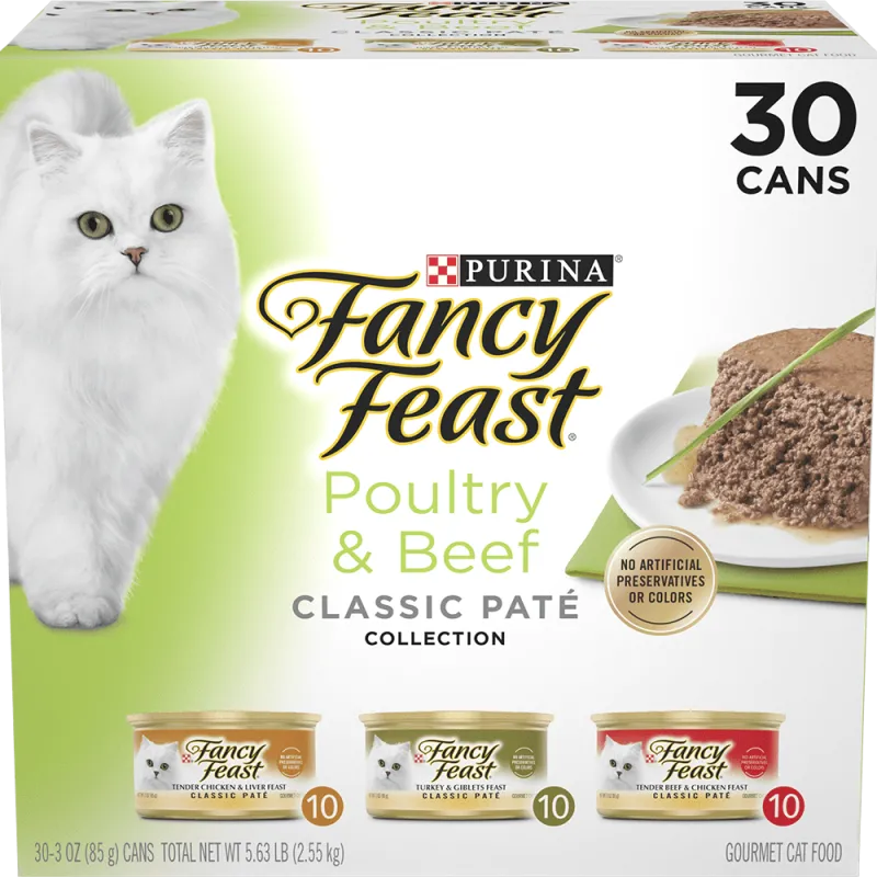 Paquete surtido de 30 latas de alimento húmedo para gatos Fancy Feast de carne de aves y res