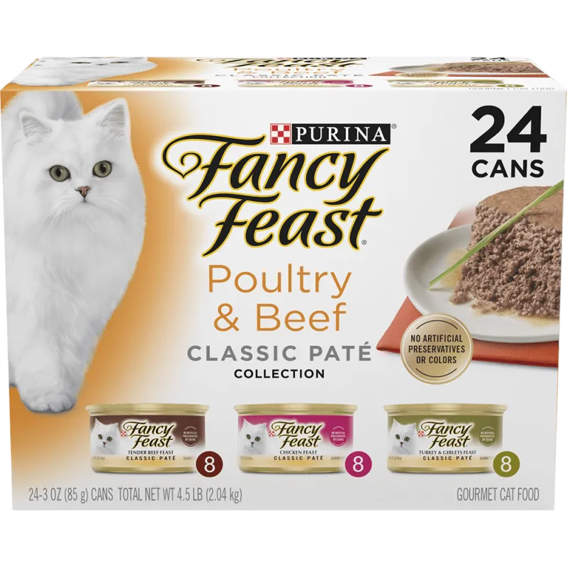 Paquete surtido de 24 latas de alimento húmedo para gatos Fancy Feast de carne de aves y res