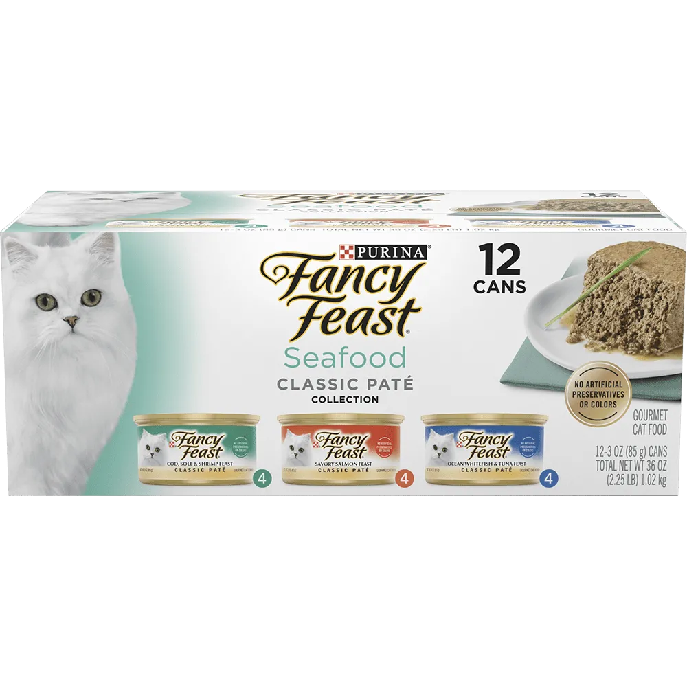 Fancy Feast Classic Paté Seafood Collection Wet Cat Food Variety Pack – 12 Cans