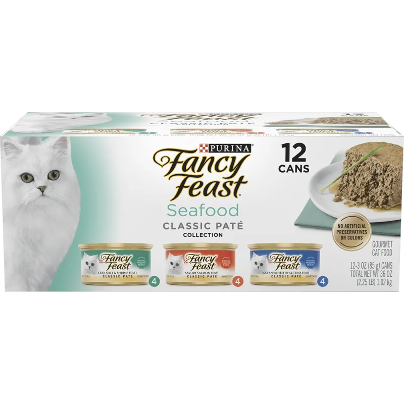 Paquete surtido de 12 latas de alimento húmedo para gatos de la colección de paté de mariscos clásica de Fancy Feast