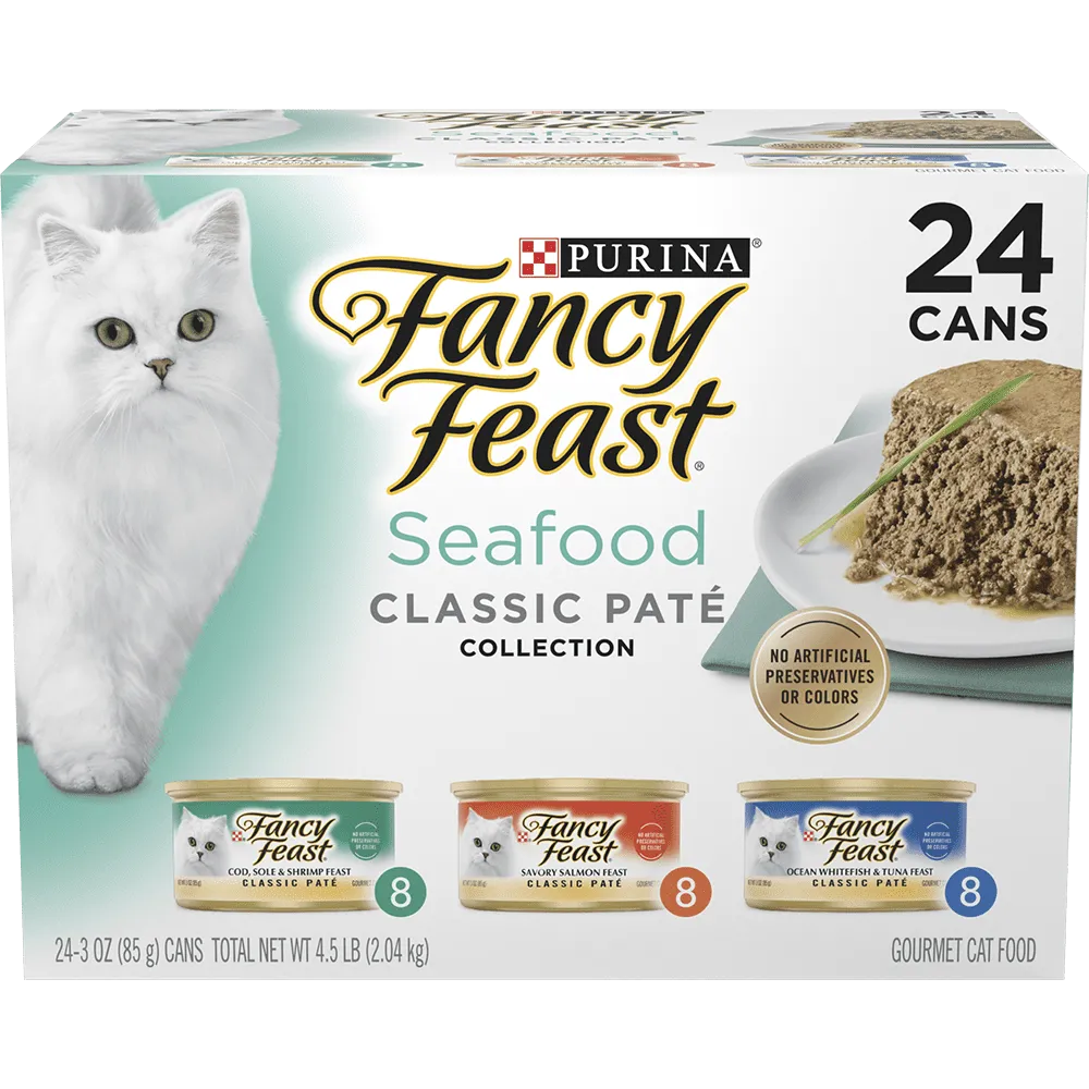 Paquete surtido de 24 latas de alimento húmedo para gatos de la colección de paté de mariscos clásica de Fancy Feast