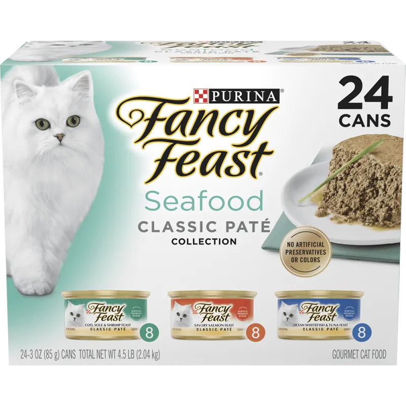 Paquete surtido de 24 latas de alimento húmedo para gatos de la colección de paté de mariscos clásica de Fancy Feast