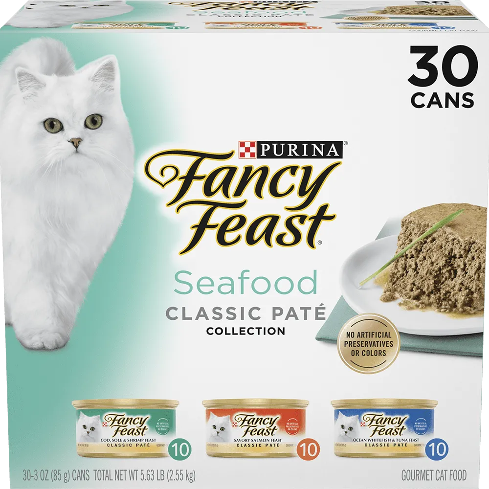 Paquete surtido de 30 latas de alimento húmedo para gatos de la colección de paté de mariscos clásica de Fancy Feast
