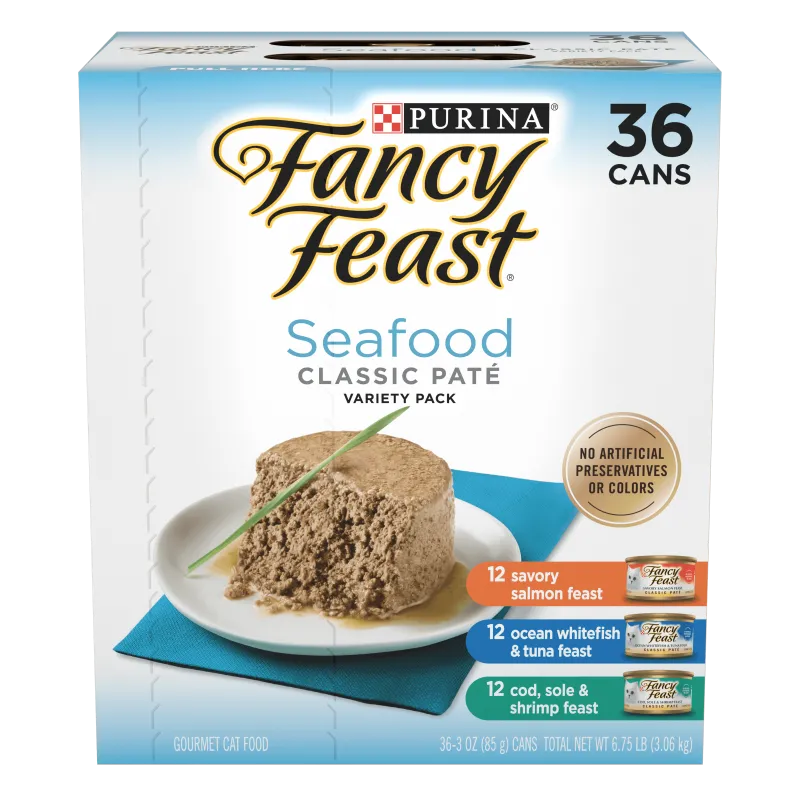 Fancy Feast Classic Paté Seafood Collection Wet Cat Food Variety Pack – 36 Cans