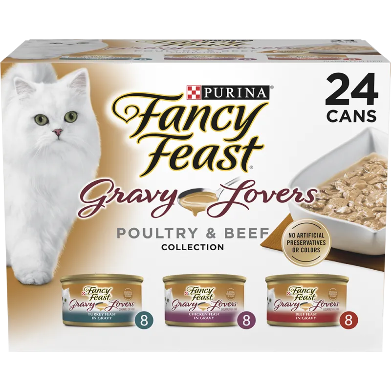 Paquete surtido de alimento húmedo gourmet para gatos Purina Fancy Feast Gravy Lovers con sabor a carne de aves y de res - 24 unidades