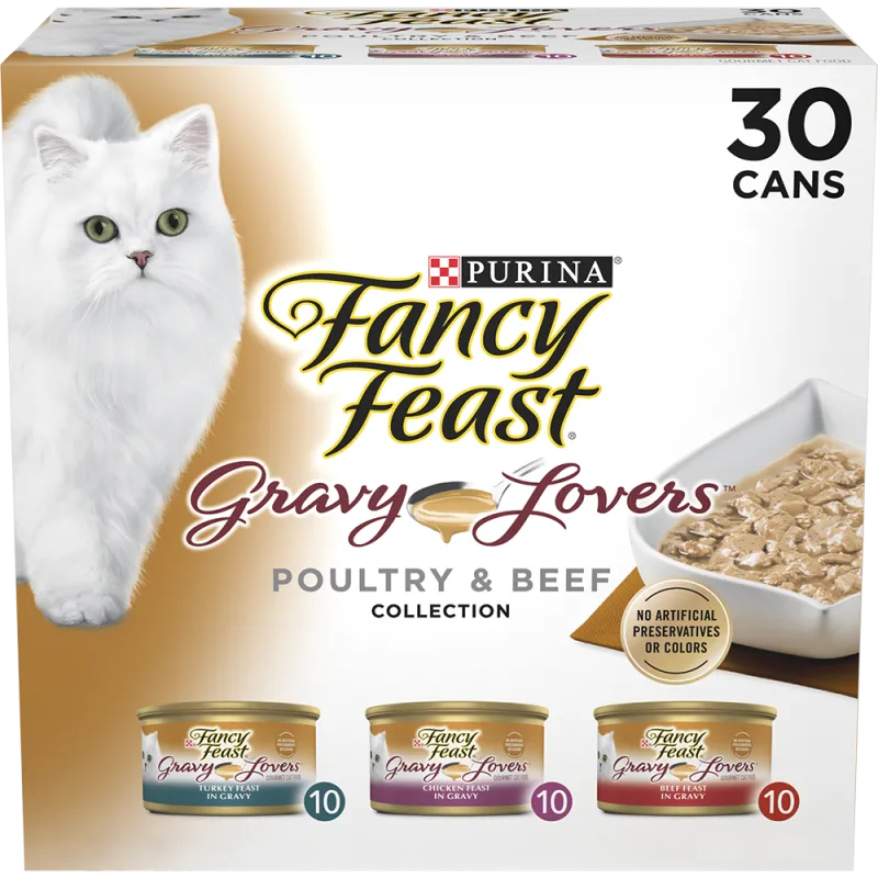 Paquete surtido de 30 unidades de alimento húmedo <i>gourmet</i> para gatos Purina Fancy Feast Gravy Lovers de carne de aves y res