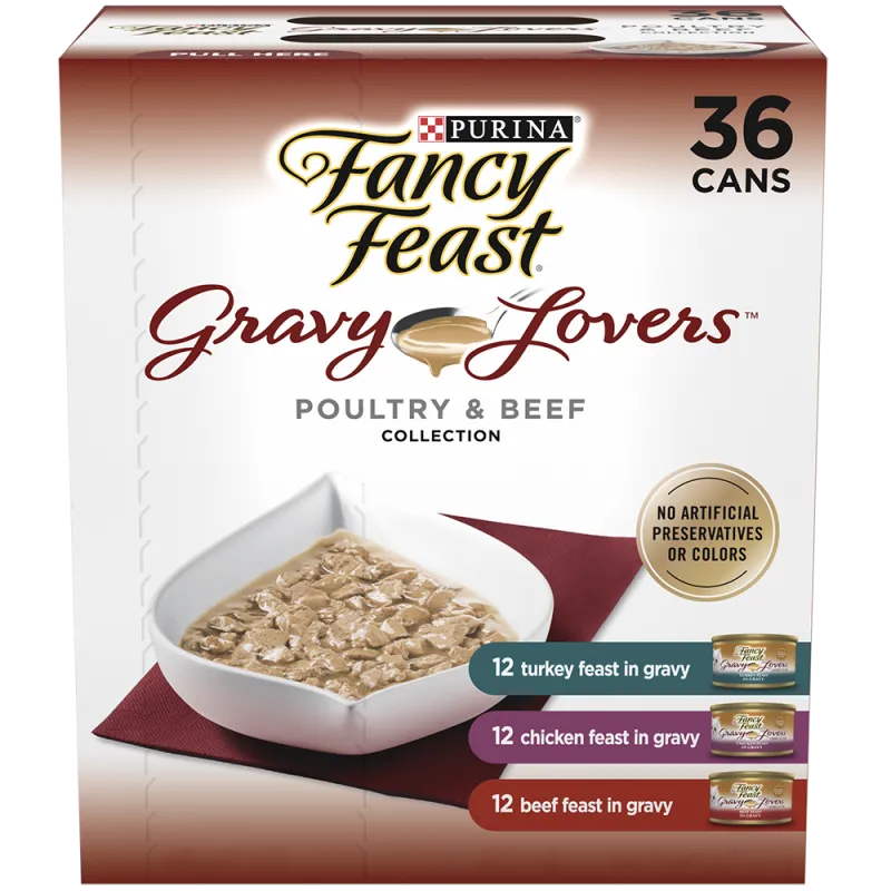 Paquete surtido de 36 unidades de alimento húmedo <i>gourmet</i> para gatos Purina Fancy Feast Gravy Lovers de carne de aves y res