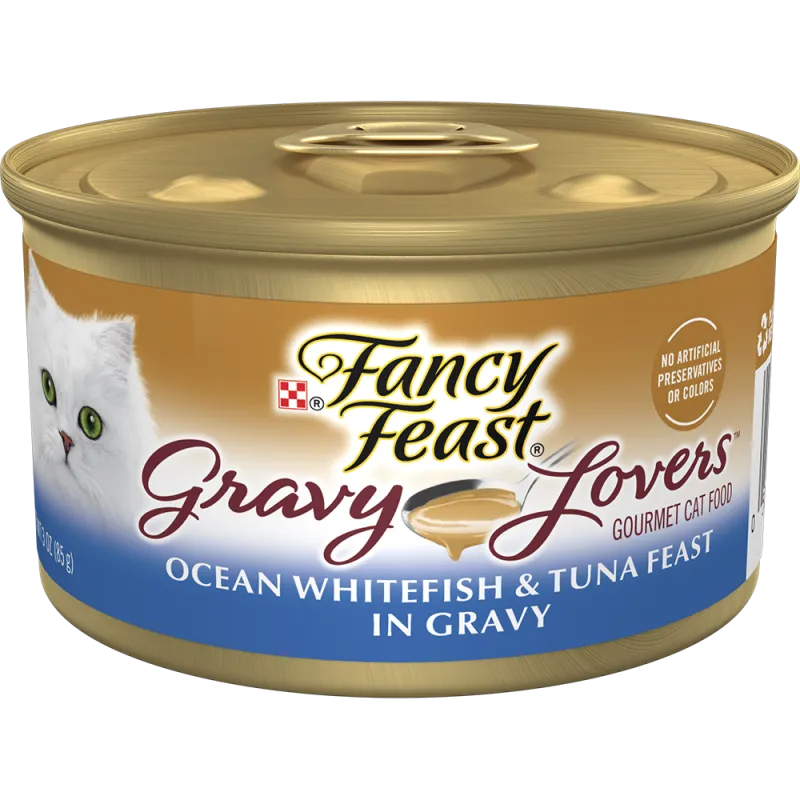 Alimento húmedo para gatos con salsa preparada con jugo de cocción Purina Fancy Feast Gravy Lovers de pescado blanco marino y atún