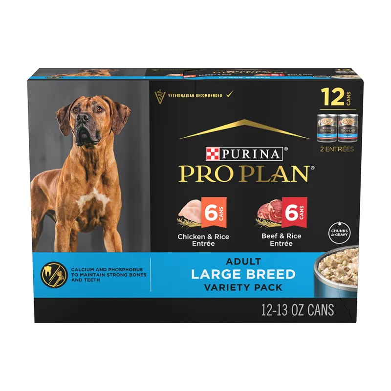 Paquete surtido de alimento húmedo para perros especializado para razas grandes sabores pollo y arroz y carne de res y arroz con salsa preparada con jugo de cocción de Pro Plan