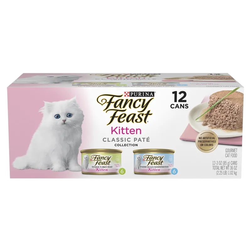 Paquete surtido de colección de 12 latas de alimento húmedo para gatitos de paté clásico de pescado blanco y pavo Fancy Feast Gatitos