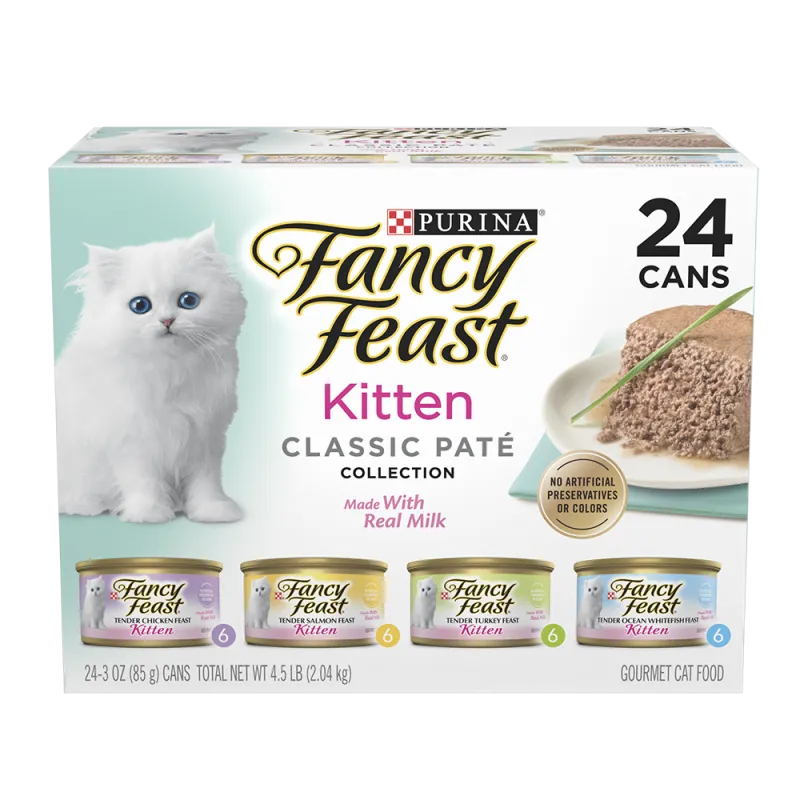 Paquete surtido de 24 latas de alimento húmedo para gatitos de paté de salmón clásico, pescado blanco marino, pavo y pollo Fancy Feast Gatitos