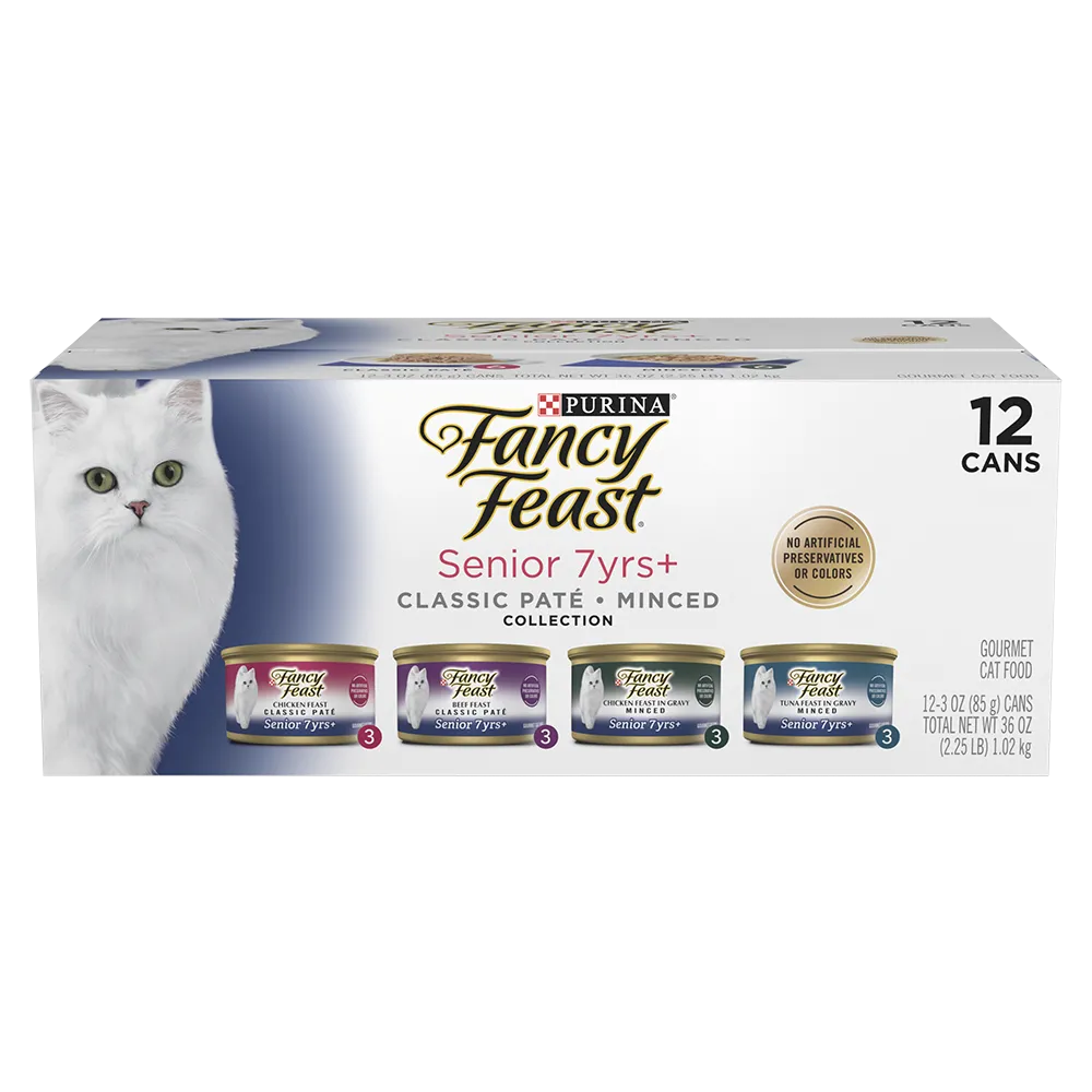 Fancy Feast Senior Classic Chicken Paté, Beef Paté, Chicken In Gravy & Tuna In Gravy Variety Pack Wet Cat Food – 12 Cans