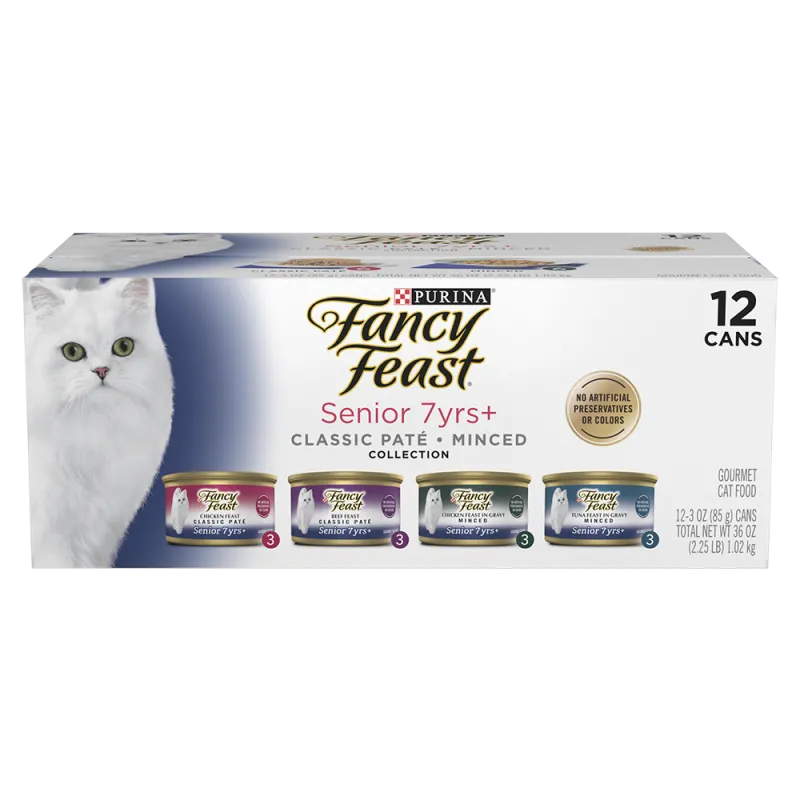 Paquete surtido de 12 latas de alimento húmedo para gatos sénior Fancy Feast sabores clásicos de paté de pollo, paté de res, pollo en salsa y atún en salsa preparada con jugo de cocción