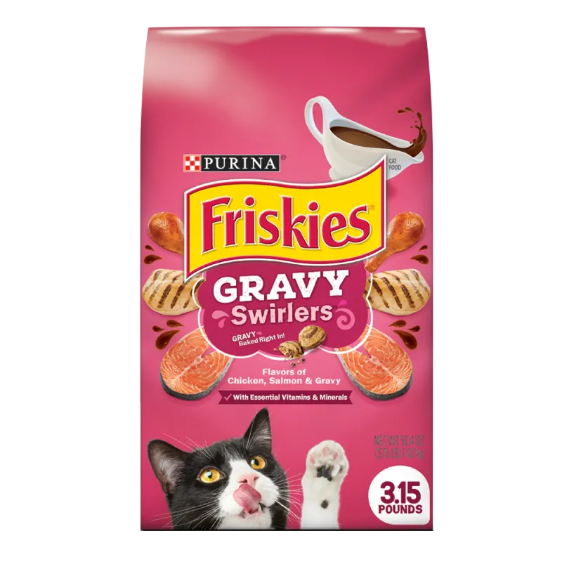 Alimento seco para gatos Friskies Gravy Swirlers con sabor a pollo, salmón y salsa preparada con jugo de cocción