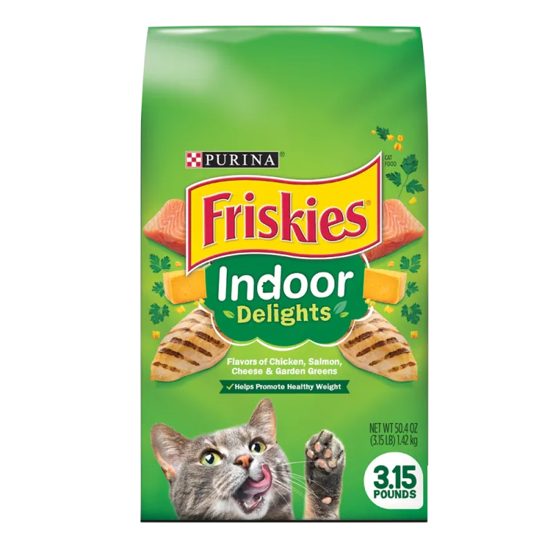 Alimento seco para gatos Friskies Indoor Delights con sabor a pollo, salmón, queso y verduras de la huerta